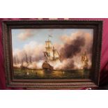 James Hardy, 20th century oil on canvas laid on board - extensive sea battle, signed, in gilt frame,