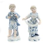 Pair 19th century Meissen figures of a young boy and girl, each standing,
