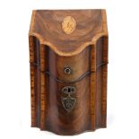 Good George III mahogany and tulipwood crossbanded serpentine form knife box with engraved white