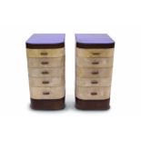 Pair of Art Deco maple veneered bedside chests - each of bowed outline with lapis-coloured glass