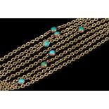 Late Victorian yellow metal long chain / guard chain with spectacle set turquoise cabochons,