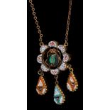 Italian micromosaic pendant necklace with scarab beetle design and pendant drops,