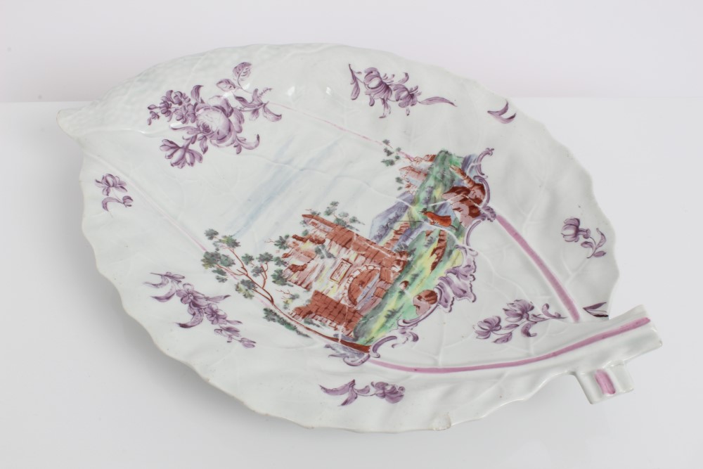 Mid-18th century Worcester polychrome painted leaf moulded dish painted with fishermen by castle