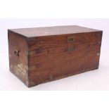 19th century teak and brass bound silver box, the hinged cover with flush brass handle,