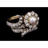 Early Victorian pearl and diamond flower ring,
