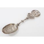 19th century Dutch silver spoon with large oval bowl with embossed decoration of a crown and lion