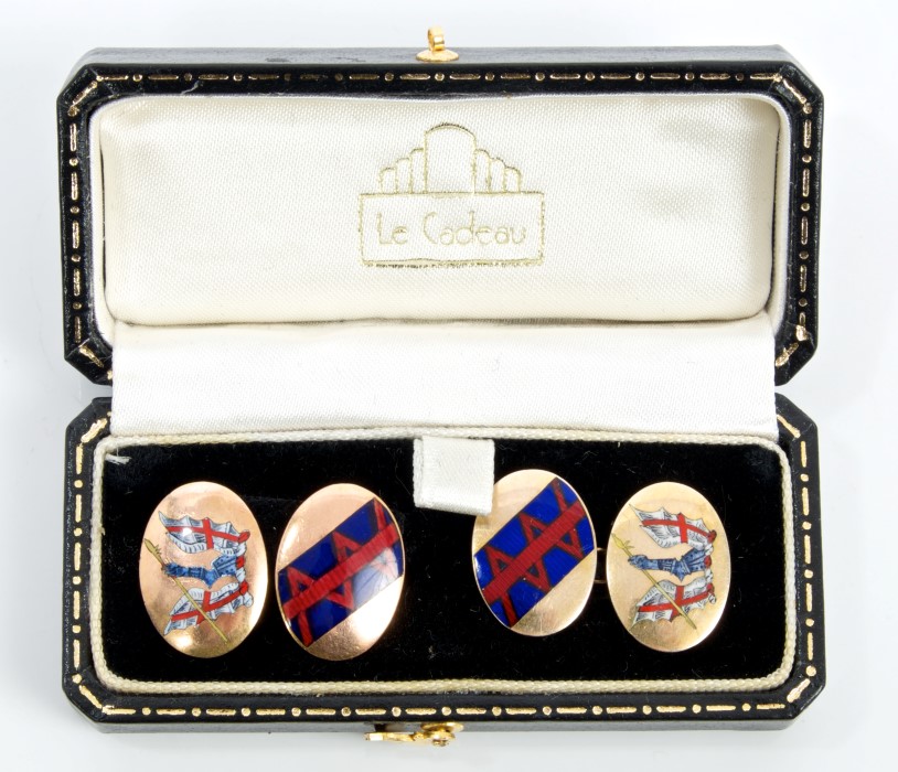 Fine pair 1920s / 1930s gold (9ct) and enamel Honourable Artillery Company Officers' cufflinks of