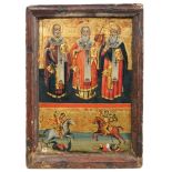 19th century Greek Icon painted with the three apostles above St.