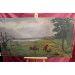 Late 19th / early 20th century English School oil on canvas - horses in landscape beside a river,