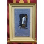 Julian Bell (b. 1952), oil on board - He Kneels, framed, 43.5cm x 24cm.