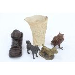 1920s gilt bronze terrier car mascot, 9cm, cold-painted metal owl and pressed metal dog,