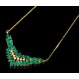 Emerald and diamond necklace with a V-shaped design - comprising seven brilliant cut diamonds