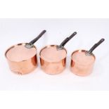 Graduated set of three copper saucepans and covers, each with pierced iron handles,