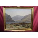 Alexander Kellock Brown (1849 - 1922), oil on canvas - Highland landscape with sheep on a bridge,
