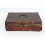 18th century red leather and close-stud travelling case with surmounting swan-neck carrying handles,
