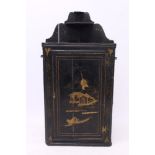 Mid-18th century ebonised and gilt japanned hanging corner cupboard with shelved superstructure and