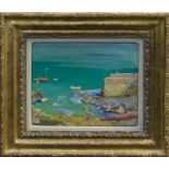 *Samuel John Lamorna Birch (1869 - 1955), oil on panel - Fishing Boats at Lamorna Pier, signed,
