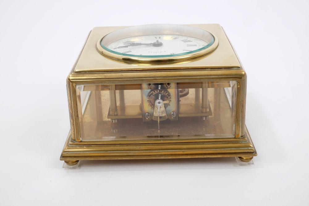 Unusual late 19th century table clock with square brass case, horizontal white enamel dial, - Image 2 of 3