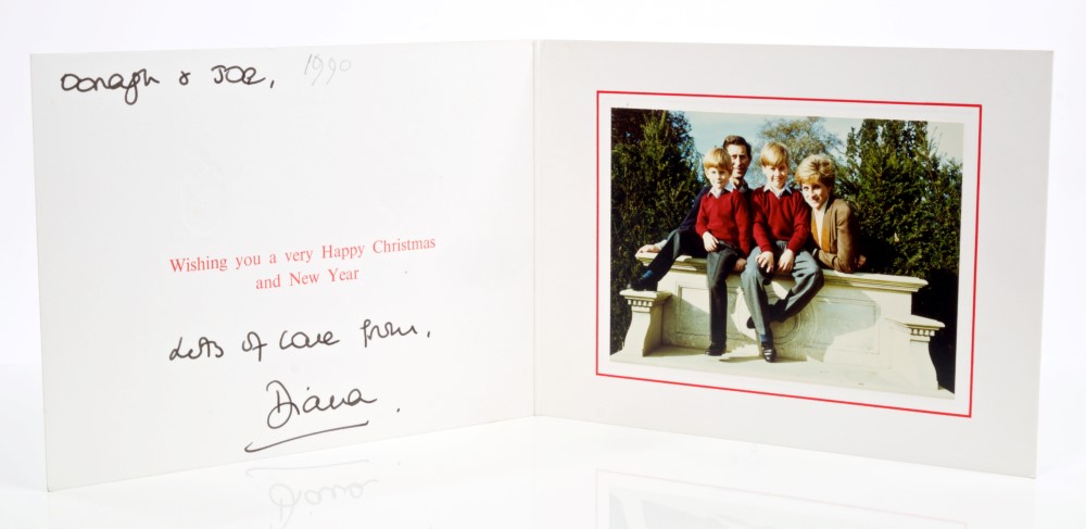 HRH Diana Princess of Wales - signed 1990 Christmas card with twin gilt Royal ciphers to front,