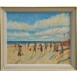 Ross Foster, contemporary oil on canvas - figures on a French beach, signed and dated 2004, framed,