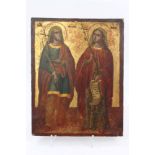 18th / 19th century Greek Icon depicting two female saints - one holding a scroll in border,