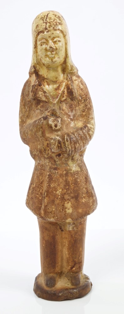 Chinese Tang dynasty glazed earthenware funerary figure - collectors' mark to underside,