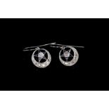 Pair 1920s sapphire and diamond earrings, each with a crescent moon encircling a star,