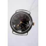 First World War Officers' Mappin 'Campaign' silver wristwatch, with circular black enamel dial,
