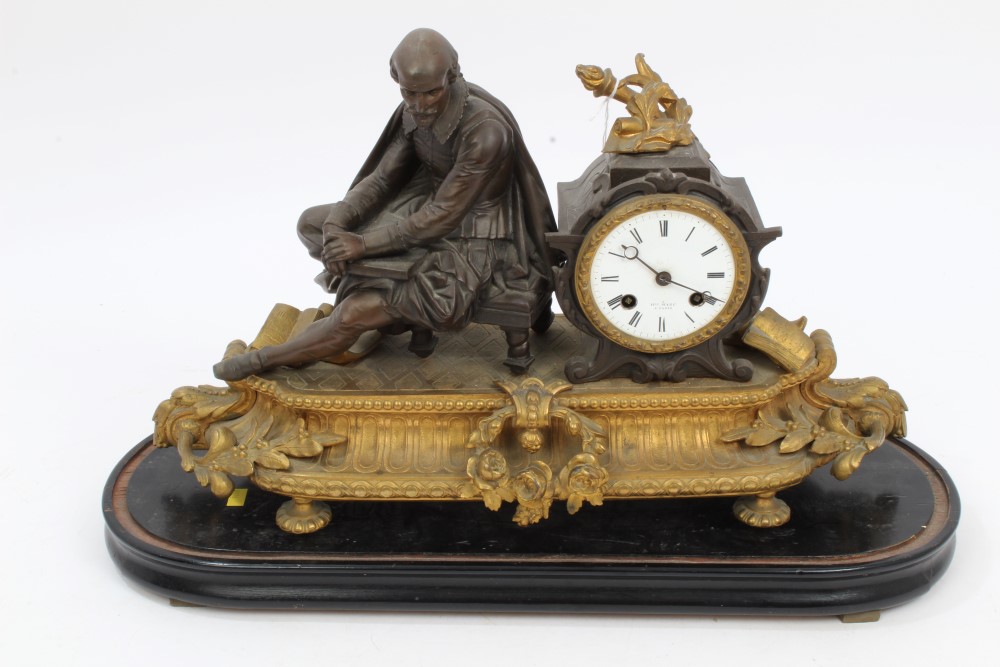 Late 19th century French bronzed and gilt metal mantel clock decorated with figure of Shakespeare