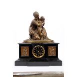 Good quality late 19th century French bronze and black slate mantel clock with bronze figure mount