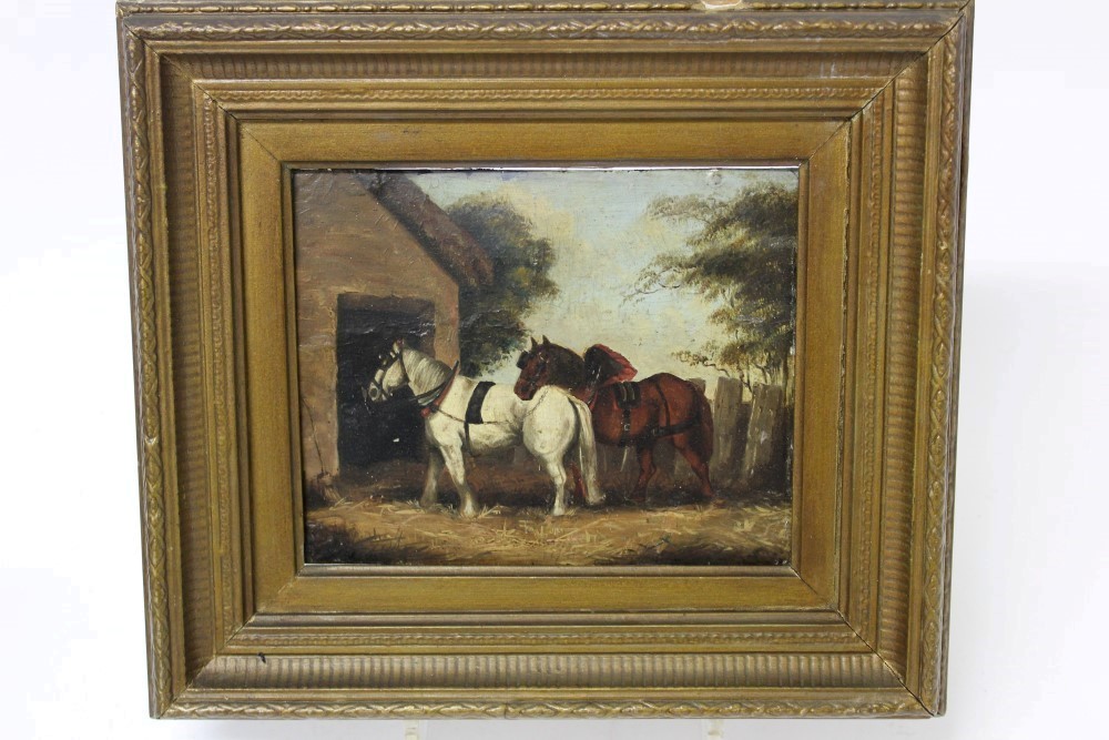 Pair 19th century English School oils on copper - hunter and dog in a landscape and two Shires by a - Image 3 of 4