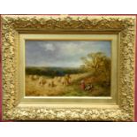 Attributed to John Linnell, oil on canvas - figures at rest before the corn stooks, in gilt frame,
