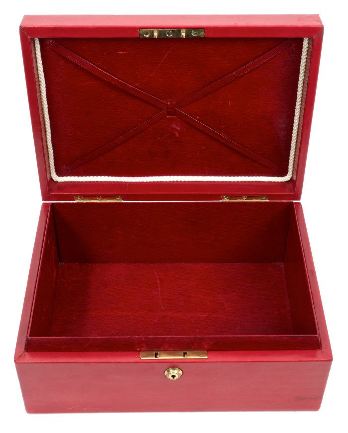 Red leather despatch box with brass inset handle to lid, Bramah lock with key, red leather lining, - Image 2 of 3