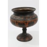 Decorative 19th century Indian bronze and enamelled footed pot with everted rim and bulbous body,