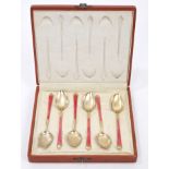 Set of six late 19th / early 20th century Imperial Russian silver gilt spoons with pink guilloche