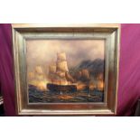 James Hardy, 20th century oil on canvas laid on board - extensive sea battle, signed, in gilt frame,