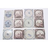 Collection of 18th century Dutch Delft blue and white and Manganese tiles depicting landscapes,