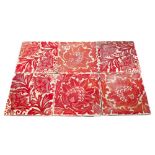 Six Victorian William De Morgan designed ruby lustre tiles with floral decoration,