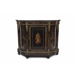 Good Victorian ebonised, marquetry inlaid and gilt metal mounted credenza of bowed form,
