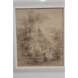 Paul Sandby Munn (1773 - 1845), sepia watercolour - Hollington Church, Derbyshire,