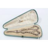Pair Victorian grape scissors with grape and vine handles, in fitted case,