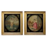 Fine and rare pair of George III silkwork pictures depicting a milkmaid and farm labourer,