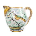 Large 19th century Spanish Majolica jug - boldly painted with birds, houses,