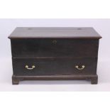 18th century oak mule chest with hinged moulded top and long drawer below, on bracket feet,