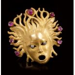 Italian gold ruby and diamond brooch representing the mask of Medusa,