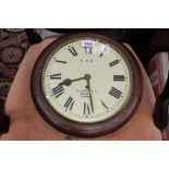 Railway fusee wall clock with painted circular dial, signed - J. Jowes & Co. London and G.W.R.