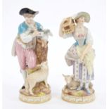 Pair late 19th century Meissen porcelain figures of a shepherd holding a dove with love message and
