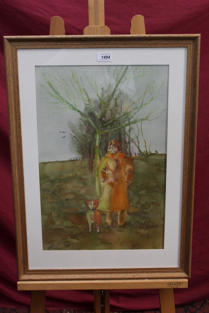 *Hans Schwarz (1922 - 2003), watercolour - woman and dog in a landscape, signed,