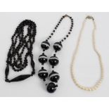 Vintage black and white banded agate bead necklace, cultured pearl necklace with clasp,