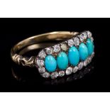 Victorian turquoise and diamond ring with five graduated oval turquoise cabochons surrounded by a